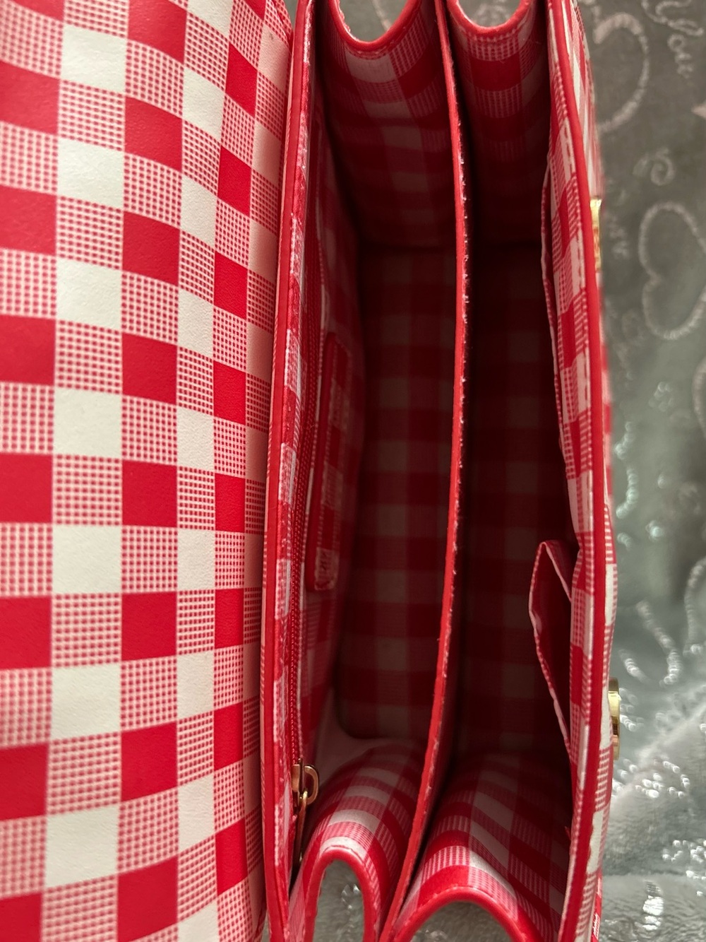 NWT Betsey Johnson, Mini Red & Cream Gingham Strawberry Crossbody Bag with Charm - Picture 9 of 9